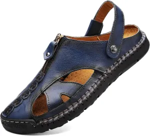 JAMONWU Men's Casual Closed Toe Adjustable Leather Sandals Handmade Fisherman Beach Sandals