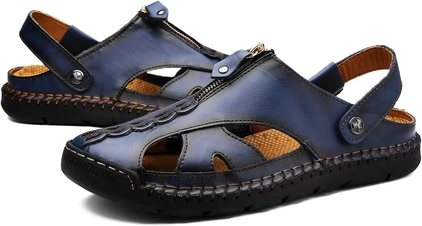 JAMONWU Men's Casual Closed Toe Adjustable Leather Sandals Handmade Fisherman Beach Sandals