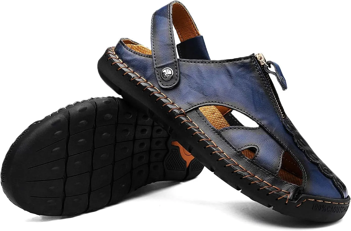 JAMONWU Men's Casual Closed Toe Adjustable Leather Sandals Handmade Fisherman Beach Sandals