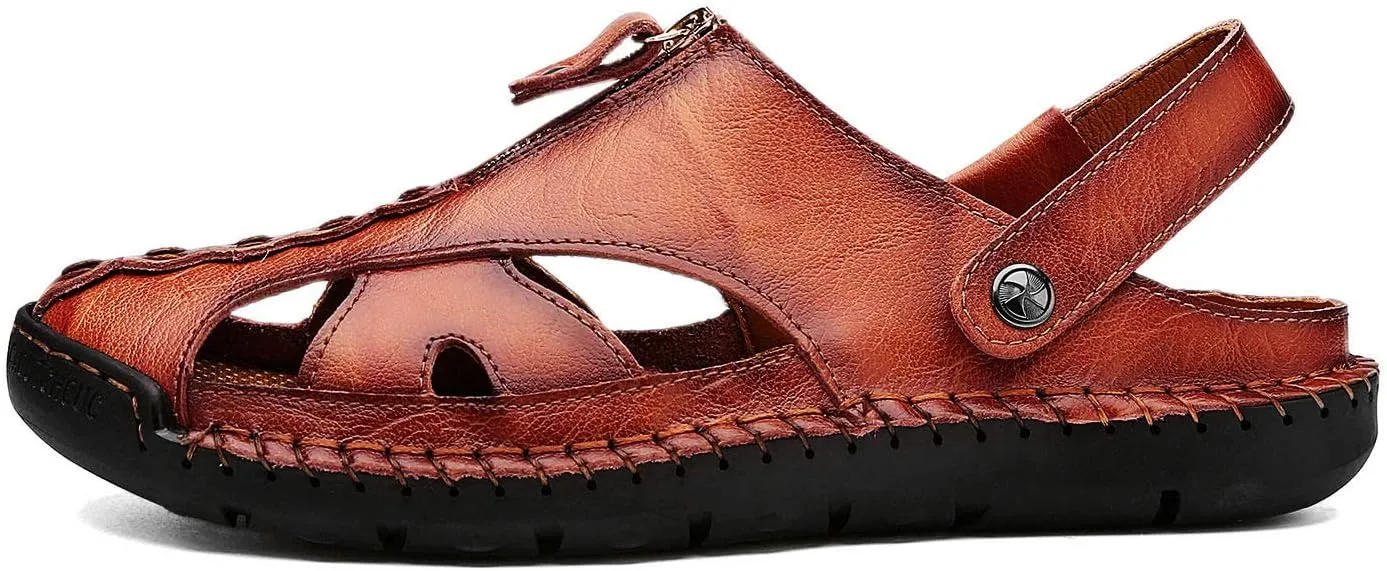 JAMONWU Men's Casual Closed Toe Adjustable Leather Sandals Handmade Fisherman Beach Sandals