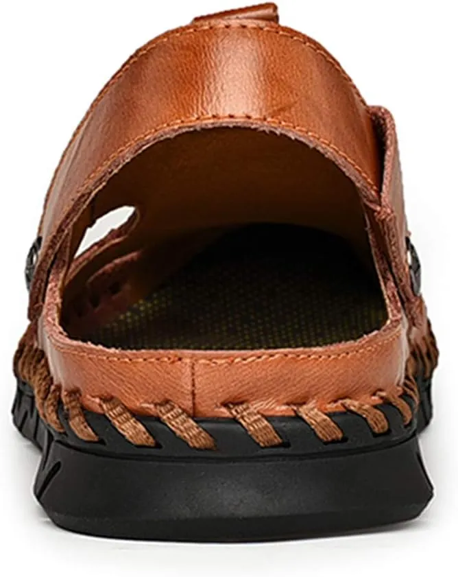 JAMONWU Men's Casual Closed Toe Adjustable Leather Sandals Handmade Fisherman Beach Sandals
