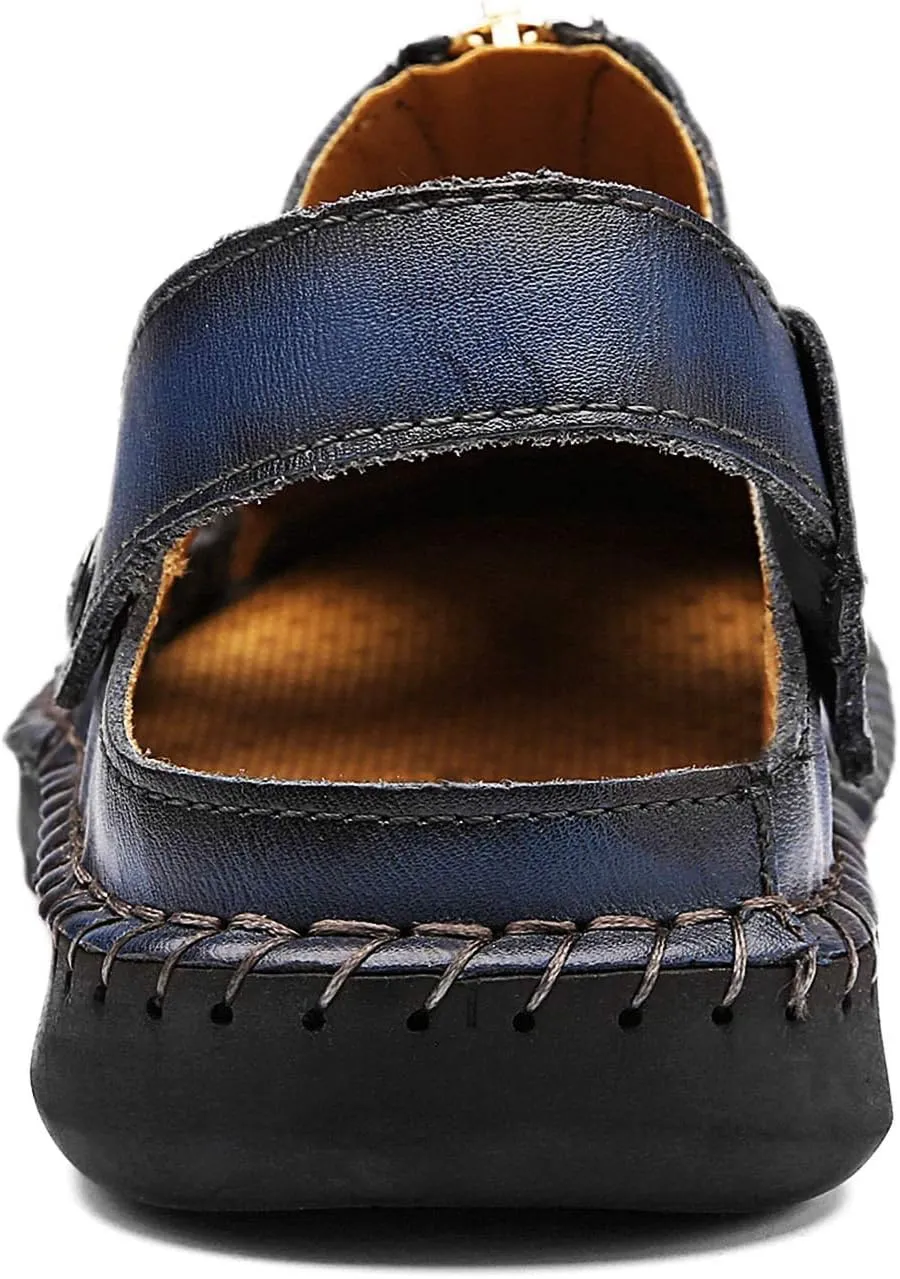 JAMONWU Men's Casual Closed Toe Adjustable Leather Sandals Handmade Fisherman Beach Sandals