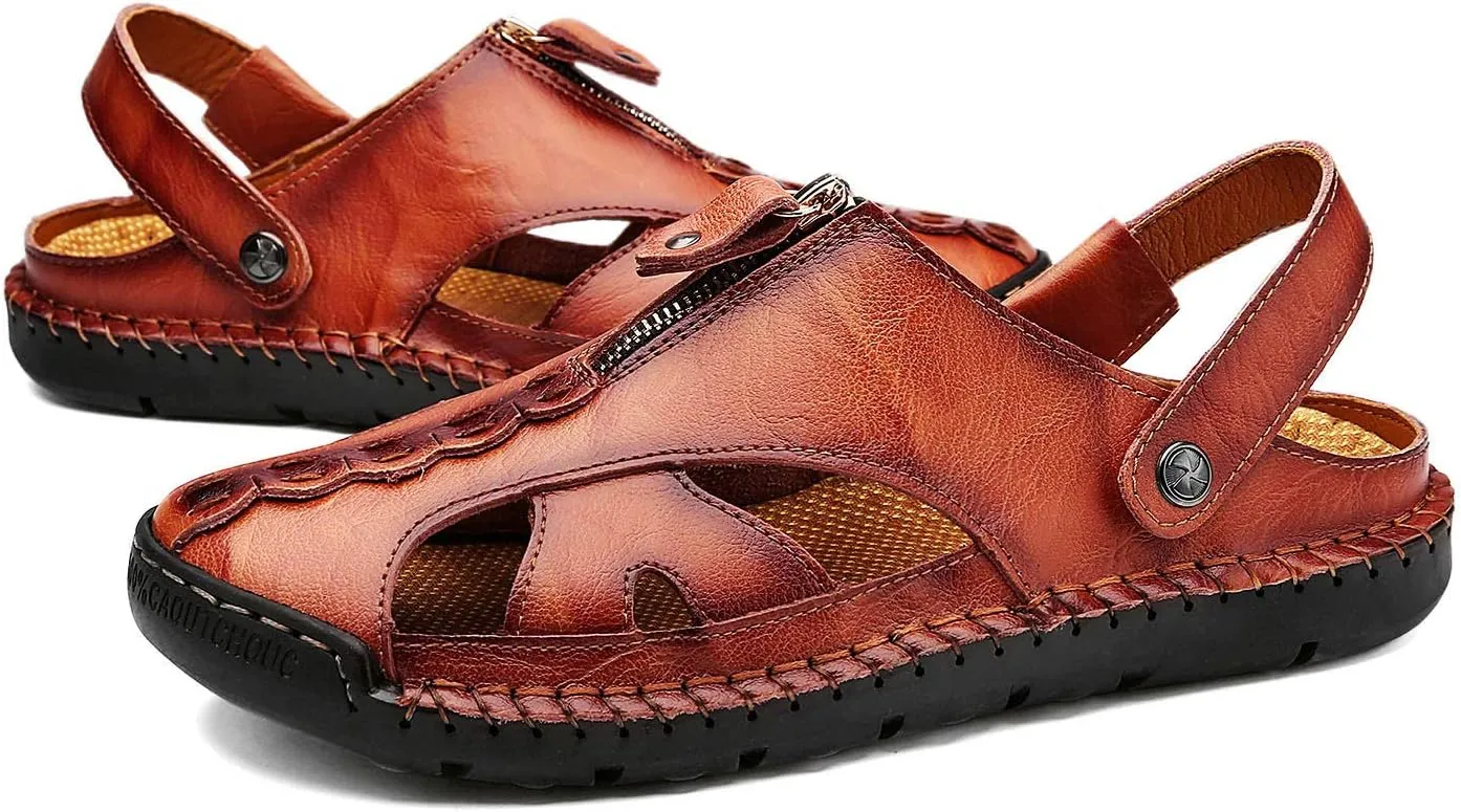 JAMONWU Men's Casual Closed Toe Adjustable Leather Sandals Handmade Fisherman Beach Sandals