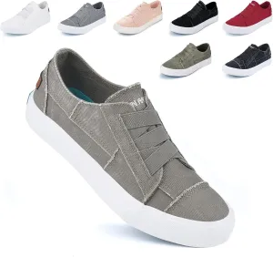 JENN ARDOR Women's Stylish Slip On Sneakers No Laces Elastic Low Top Canvas Sneakers Trendy Flats Comfortable Casual Walking Shoes