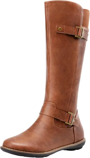 Jeossy Women's 9655 Knee High Boots Flat Riding Boots Buckle Tall Boots with Zipper for Women