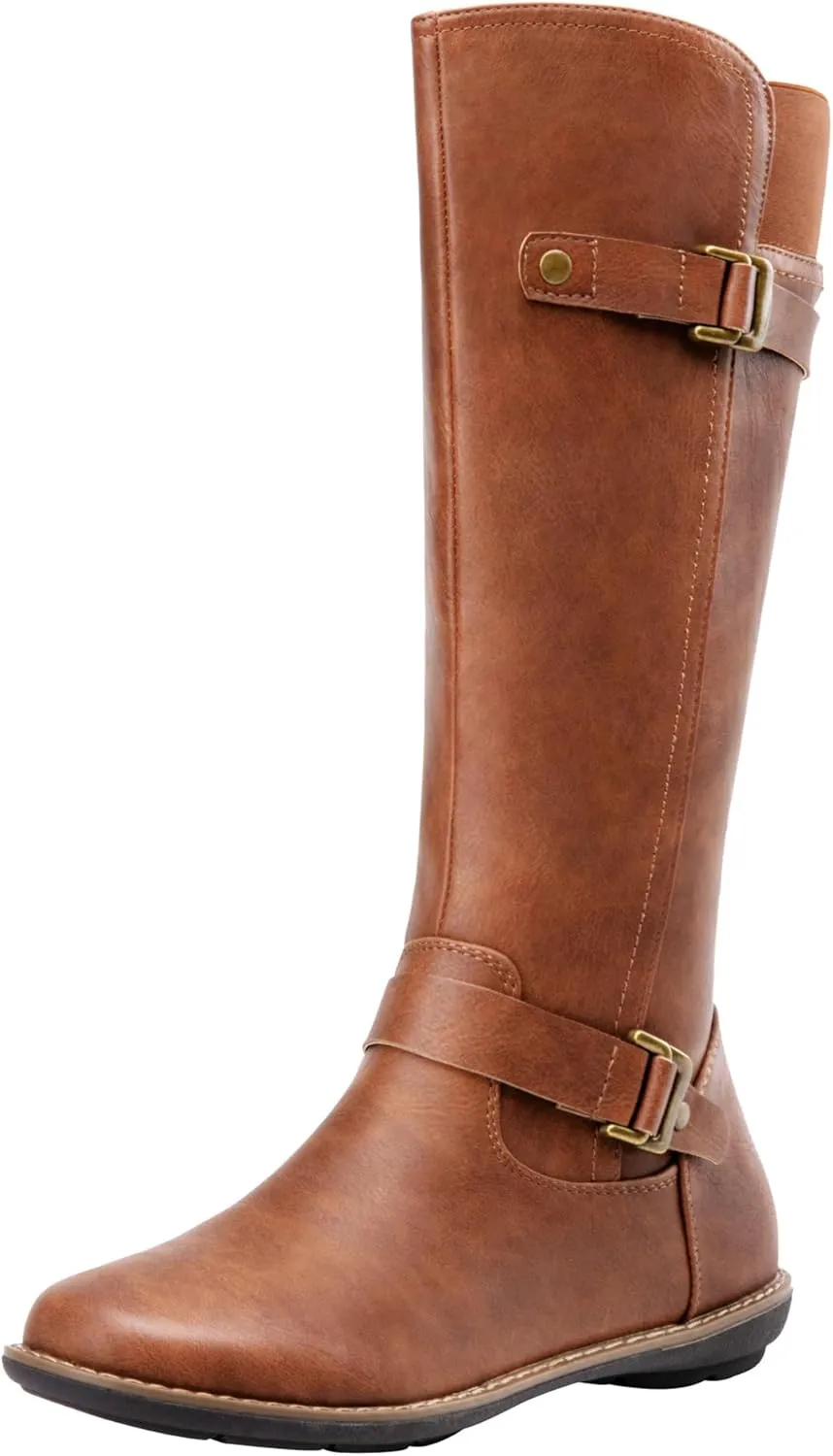 Jeossy Women's 9655 Knee High Boots Flat Riding Boots Buckle Tall Boots with Zipper for Women