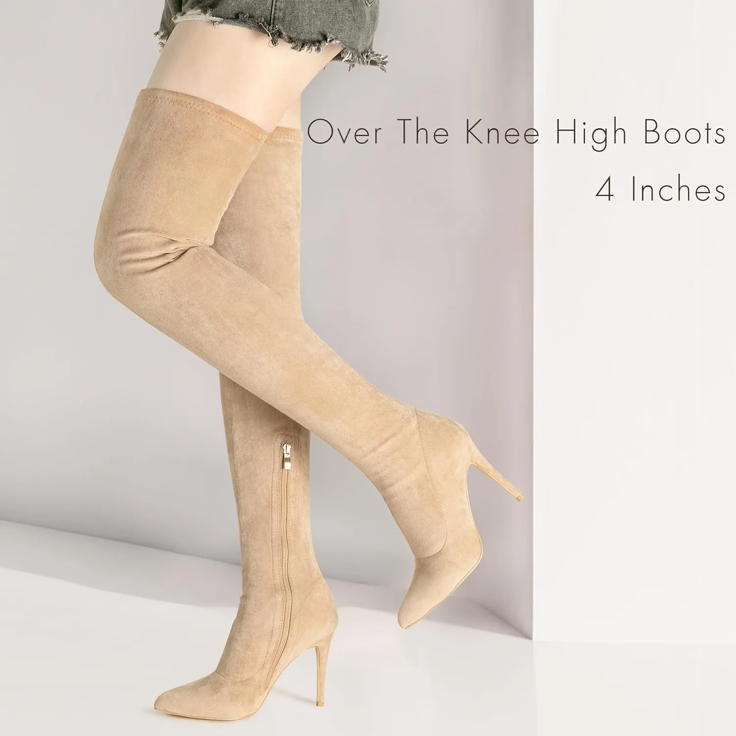 Jiu du Women's Sexy Comfy Over The Knee Thigh High Stretch Stiletto High Heel Boots Army Green Velvet Size