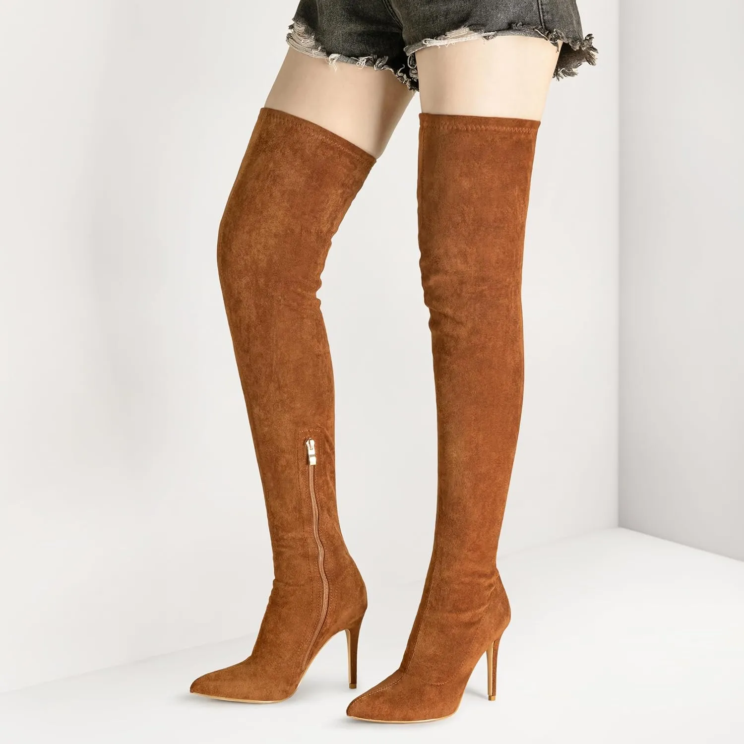 Jiu du Women's Sexy Comfy Over The Knee Thigh High Stretch Stiletto High Heel Boots Army Green Velvet Size