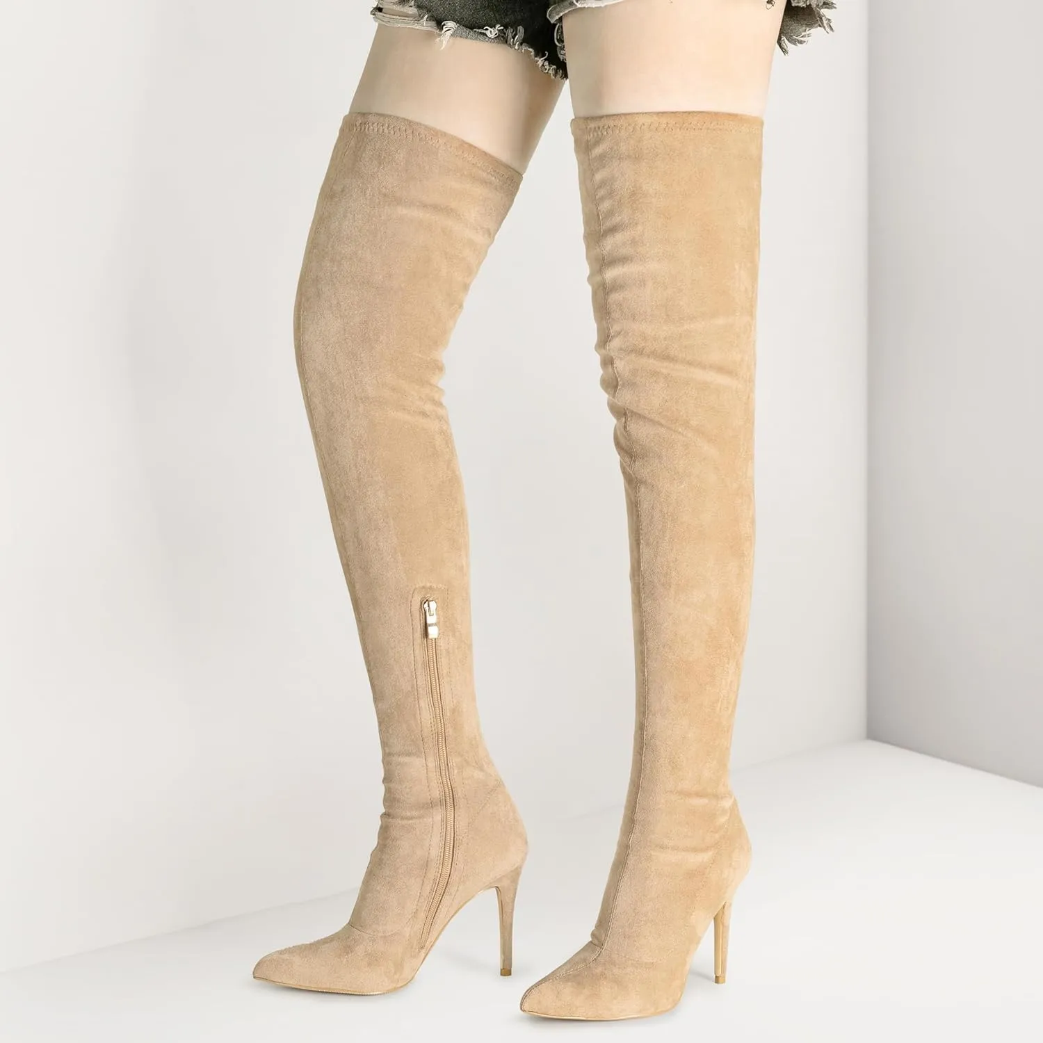 Jiu du Women's Sexy Comfy Over The Knee Thigh High Stretch Stiletto High Heel Boots Army Green Velvet Size