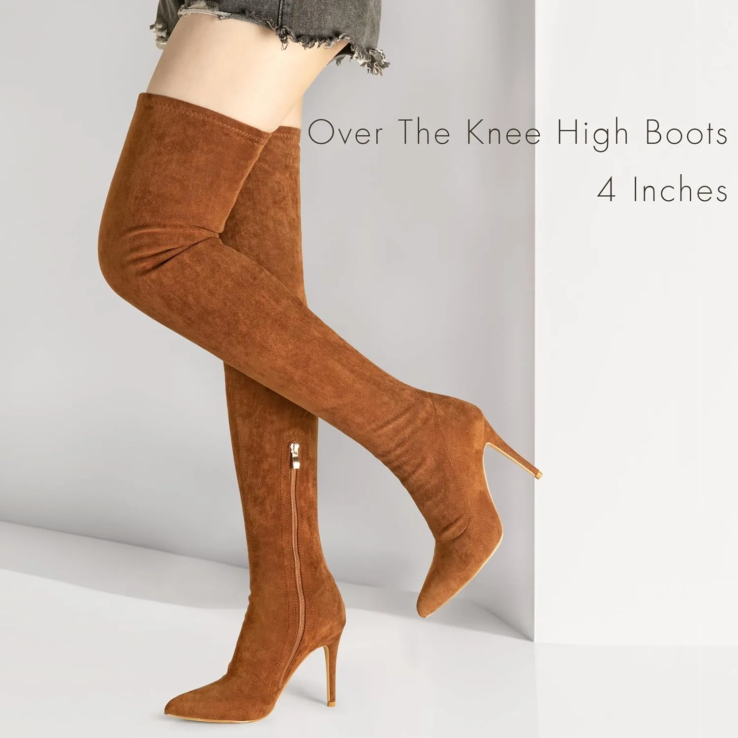 Jiu du Women's Sexy Comfy Over The Knee Thigh High Stretch Stiletto High Heel Boots Army Green Velvet Size
