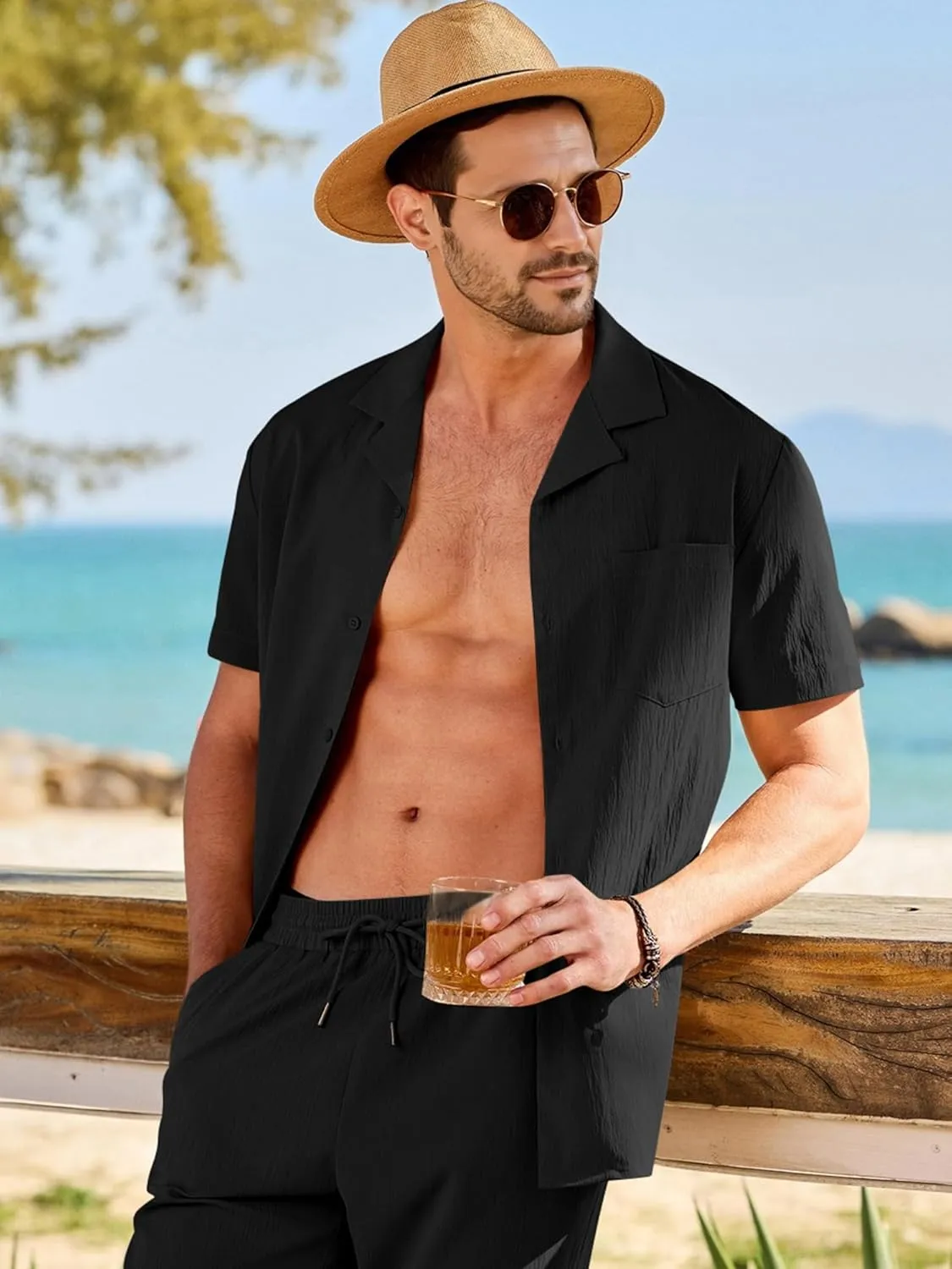 JMIERR Men 2 Piece Beach Vacation Outfit Pants Set Summer Cool Short Sleeve Casual Shirts
