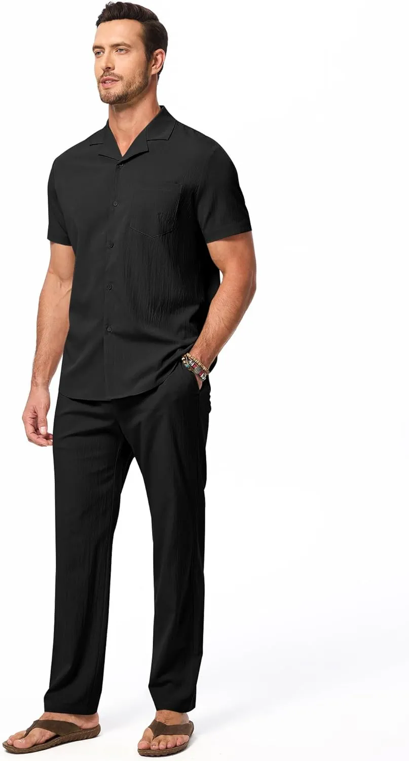 JMIERR Men 2 Piece Beach Vacation Outfit Pants Set Summer Cool Short Sleeve Casual Shirts