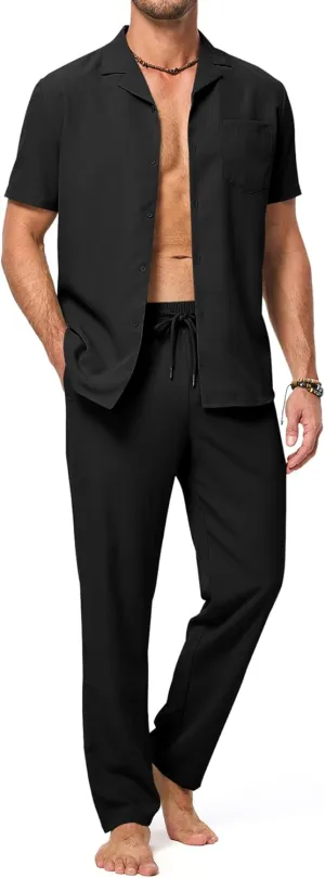 JMIERR Men 2 Piece Beach Vacation Outfit Pants Set Summer Cool Short Sleeve Casual Shirts