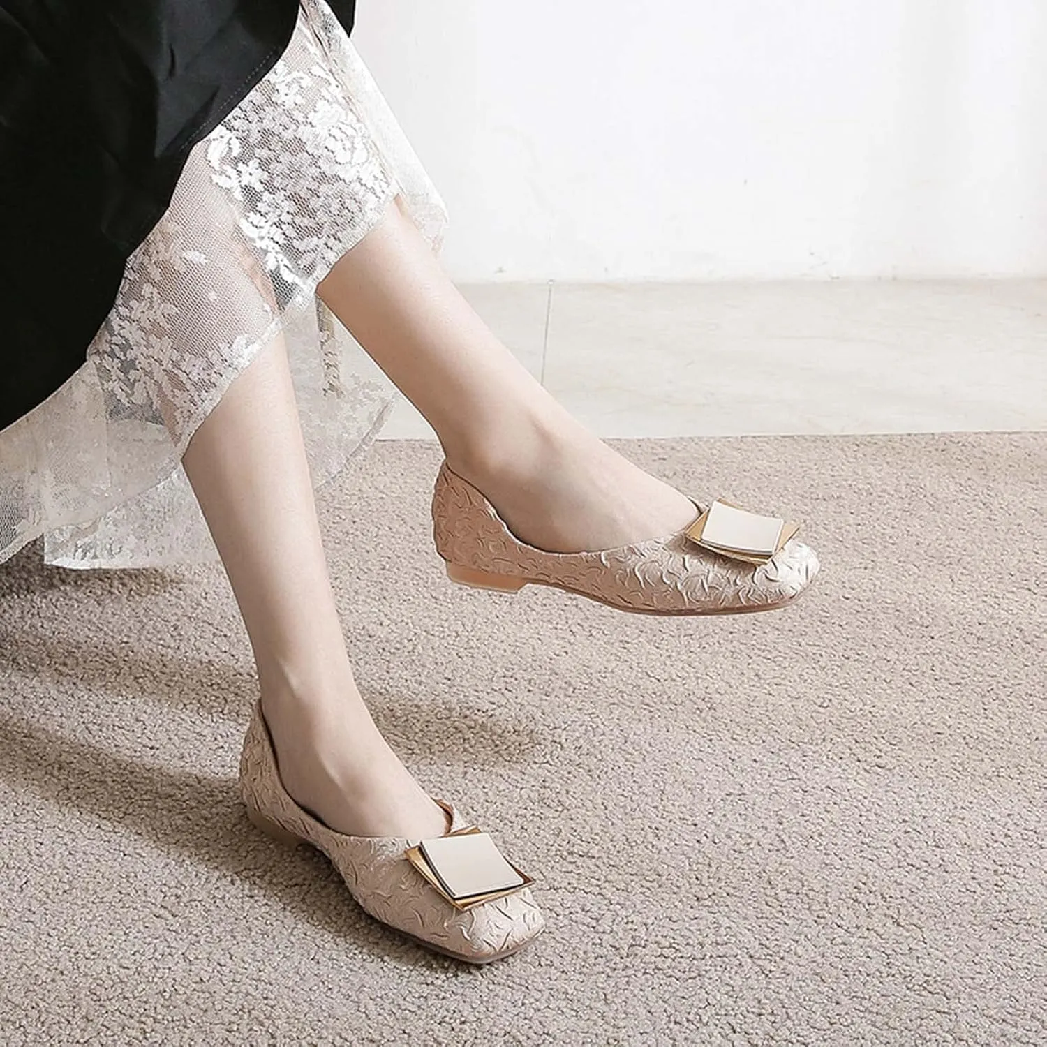JOEupin Women's Square Toe Flat Shoes Soft Sole Slip on Dress Shoes Ballet Walking Loafers