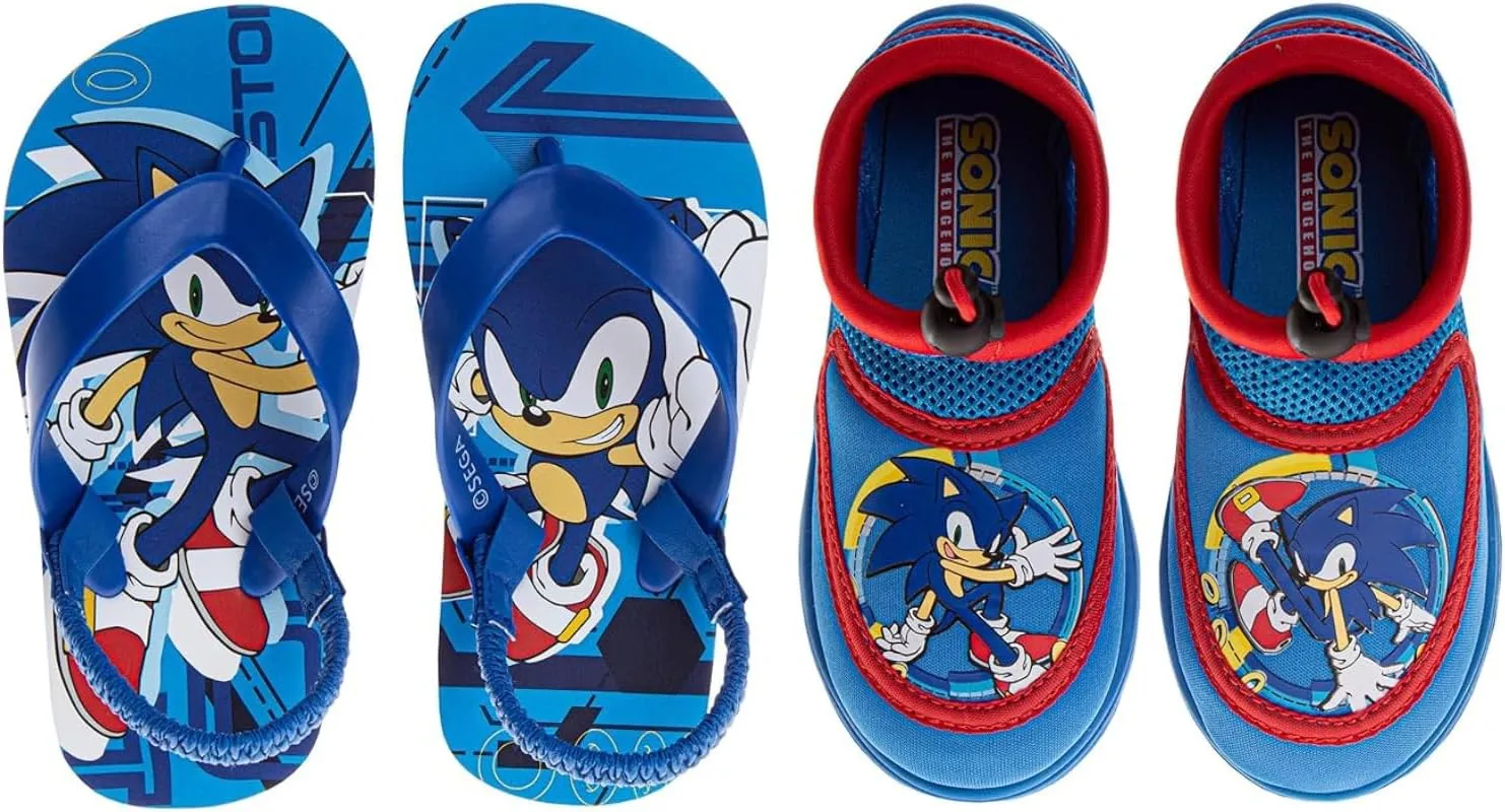 Josmo SEGA Sonic the Hedgehog Boys Footwear Sandals Bundle Flip Flops & Water Shoes for Boys Size Toddler - Little Kids
