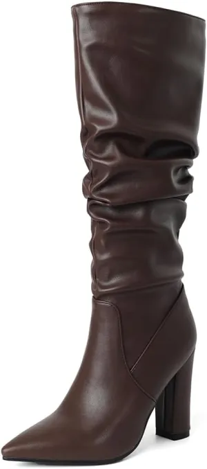 JOZHAMTA Tall Brown Boots For Women Knee High Boots Chunky High Heels Pointed Toe Long Boots Dressy