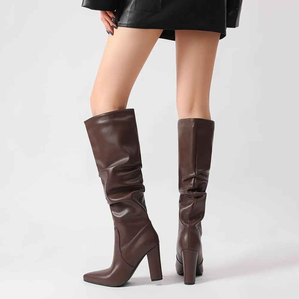 JOZHAMTA Tall Brown Boots For Women Knee High Boots Chunky High Heels Pointed Toe Long Boots Dressy