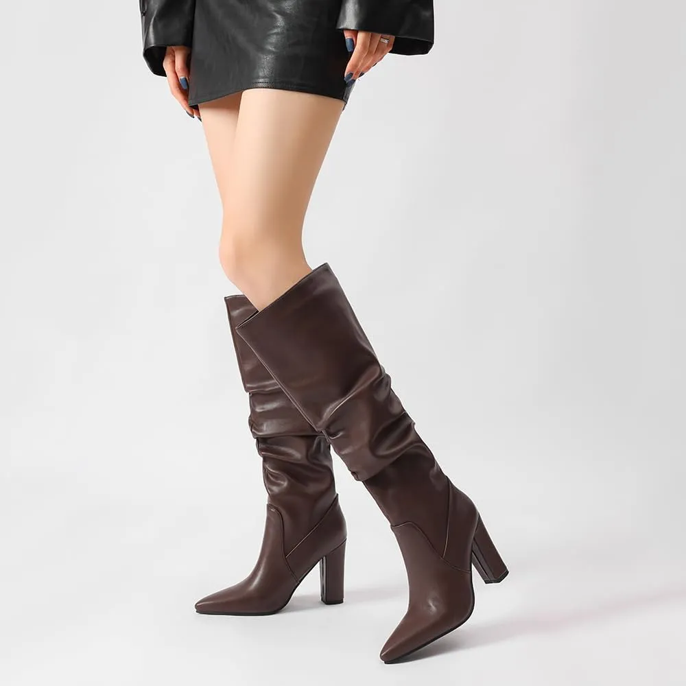 JOZHAMTA Tall Brown Boots For Women Knee High Boots Chunky High Heels Pointed Toe Long Boots Dressy