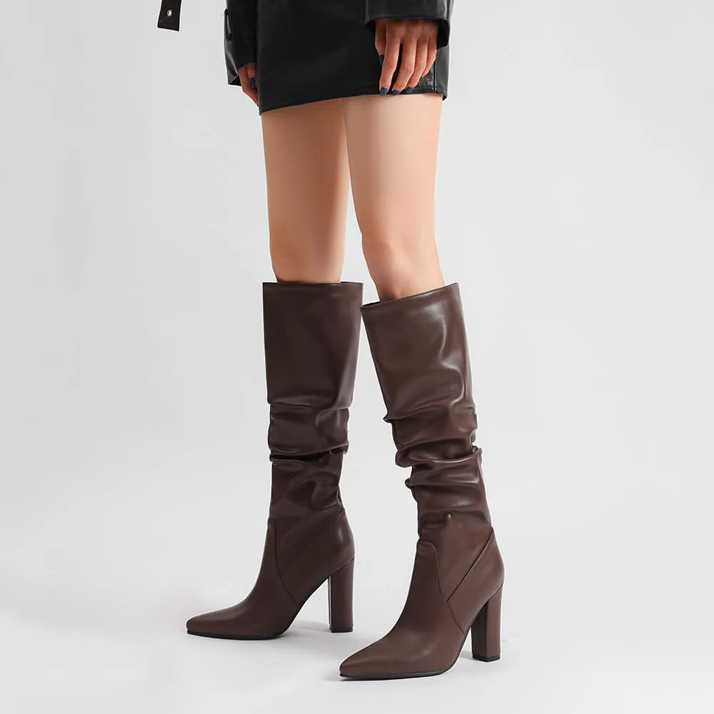 JOZHAMTA Tall Brown Boots For Women Knee High Boots Chunky High Heels Pointed Toe Long Boots Dressy