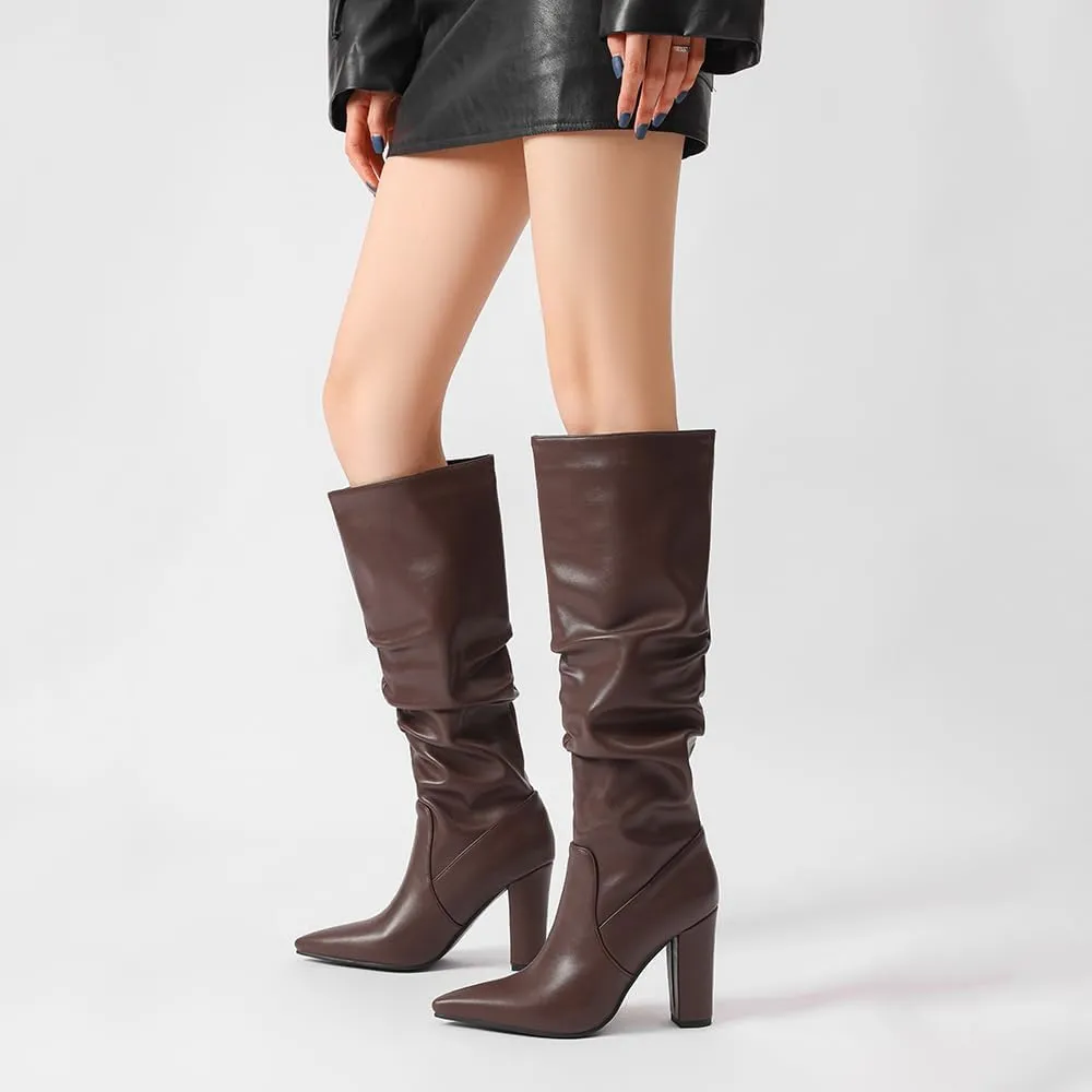 JOZHAMTA Tall Brown Boots For Women Knee High Boots Chunky High Heels Pointed Toe Long Boots Dressy