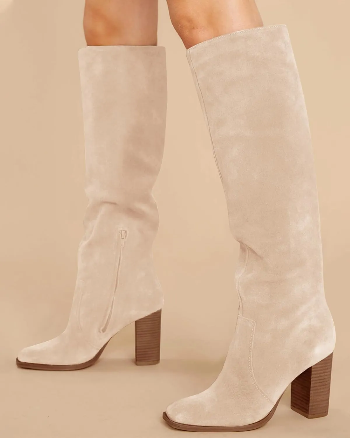 Juliet Holy Womens Knee High Boots Chunky High Heel Square Toe Side Zipper Wide Calf Boot
