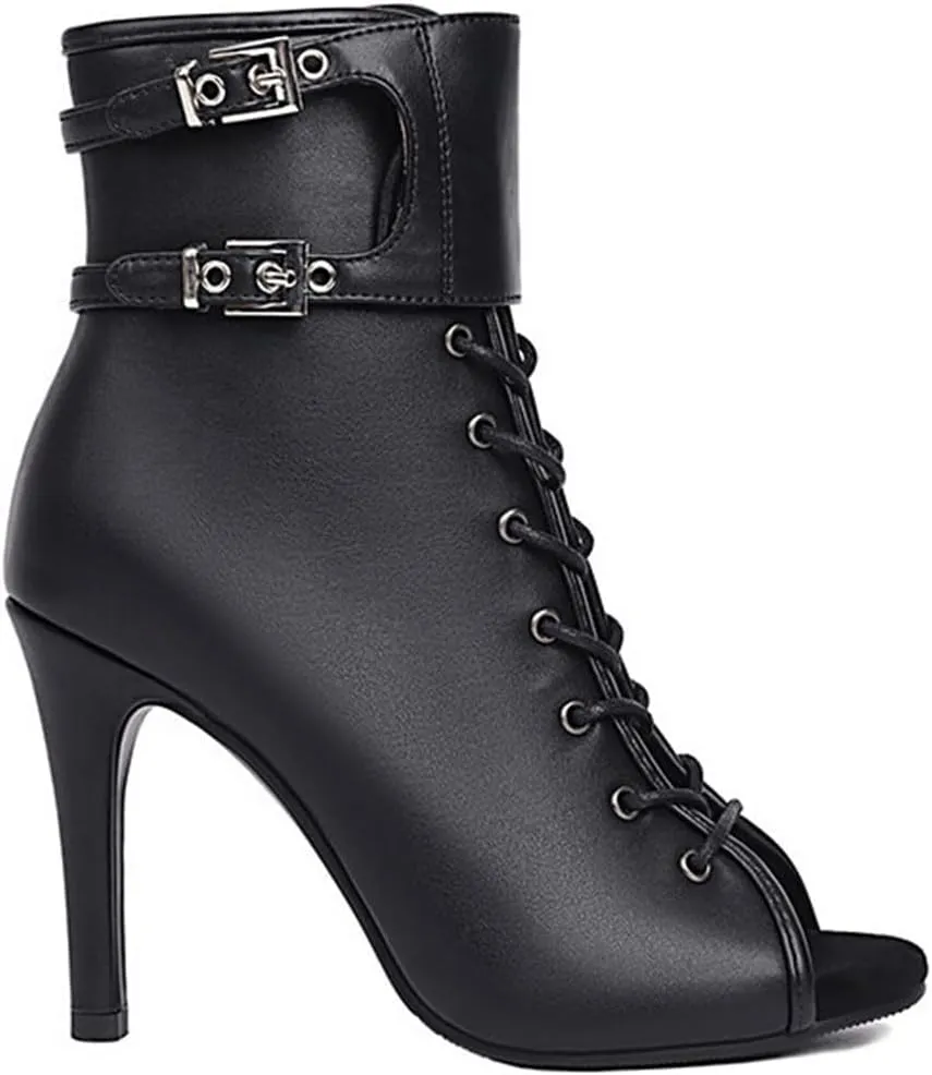 JXUZY Womens Jazz Ballroom Dance High Heels Sandals Peep Toe Lace-up Stiletto Heels Ankle Boots