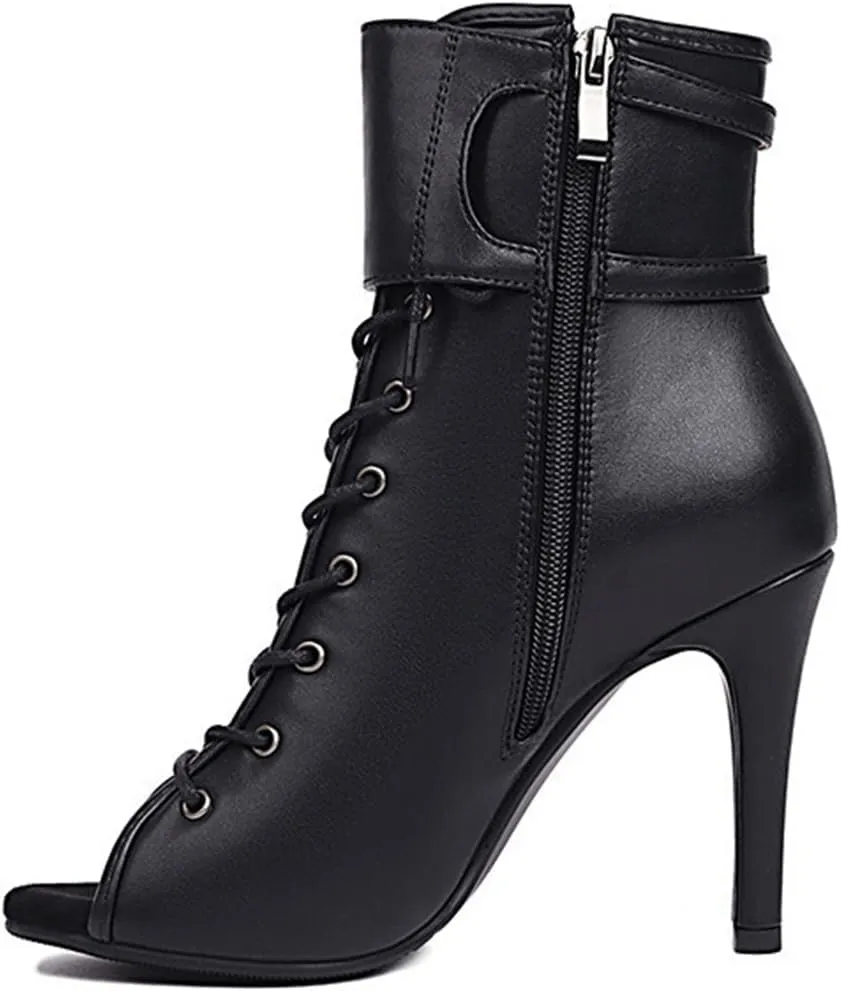 JXUZY Womens Jazz Ballroom Dance High Heels Sandals Peep Toe Lace-up Stiletto Heels Ankle Boots