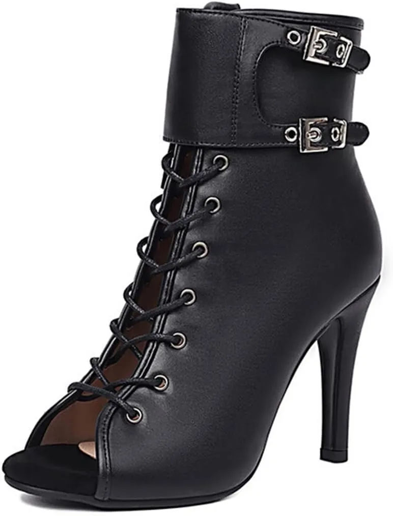 JXUZY Womens Jazz Ballroom Dance High Heels Sandals Peep Toe Lace-up Stiletto Heels Ankle Boots