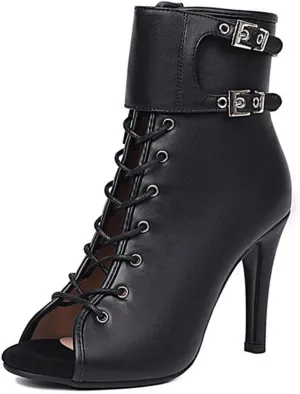 JXUZY Womens Jazz Ballroom Dance High Heels Sandals Peep Toe Lace-up Stiletto Heels Ankle Boots