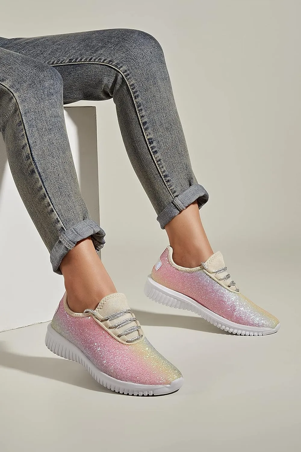 K KIP WOK Fashion Glitter Sneakers for Womens Silp On Running Shoes Lightweigt Tennis Walking Sneakers