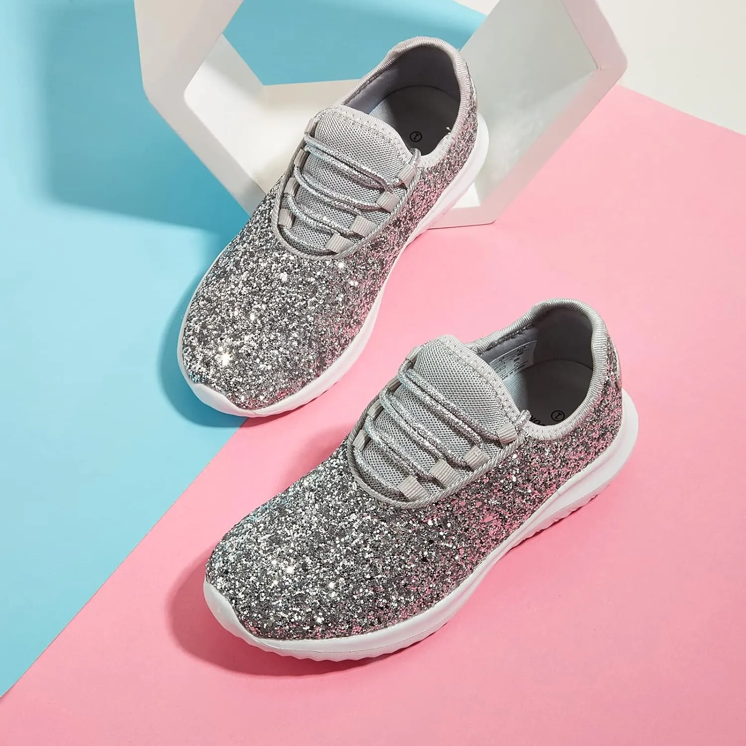 K KIP WOK Girls Glitter Sneakers Sparkle Slip On Walking Shoes for Kids/Children Breathable Running Sneakers