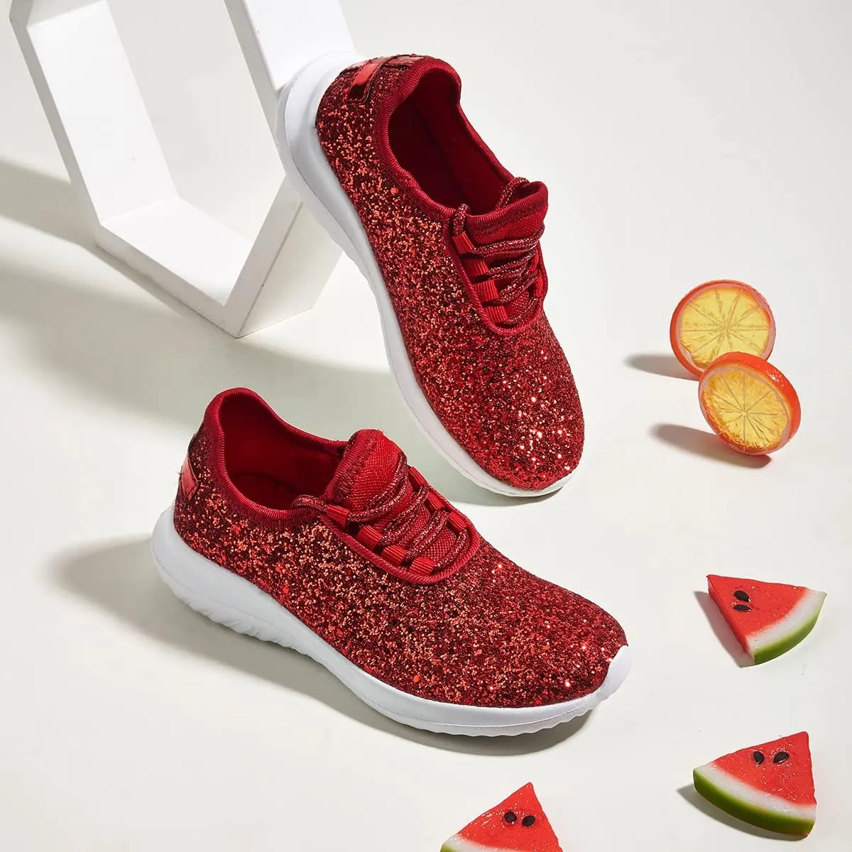 K KIP WOK Girls Glitter Sneakers Sparkle Slip On Walking Shoes for Kids/Children Breathable Running Sneakers