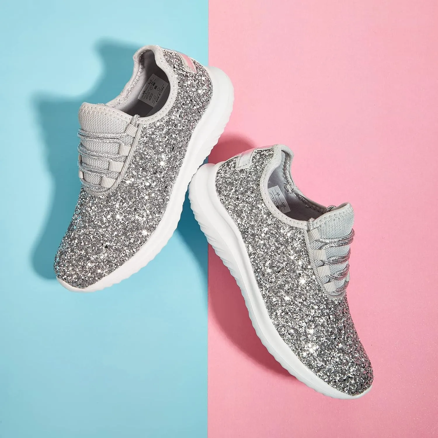 K KIP WOK Girls Glitter Sneakers Sparkle Slip On Walking Shoes for Kids/Children Breathable Running Sneakers