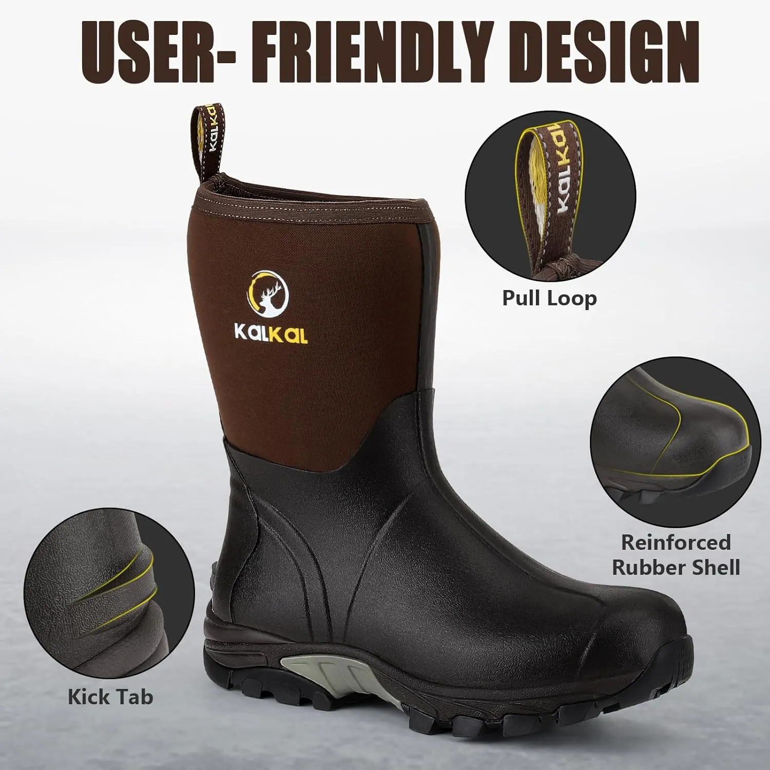 Kalkal Rubber Boots for Men, Waterproof Mid Calf Mens Rain Boots, 6mm Neoprene Insulated Mens Rubber Work Boots for Hunting Gardening Farming Fishing Mud Working, Size 7-14