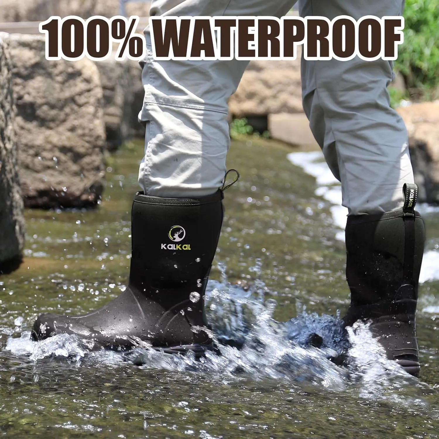 Kalkal Rubber Boots for Men, Waterproof Mid Calf Mens Rain Boots, 6mm Neoprene Insulated Mens Rubber Work Boots for Hunting Gardening Farming Fishing Mud Working, Size 7-14