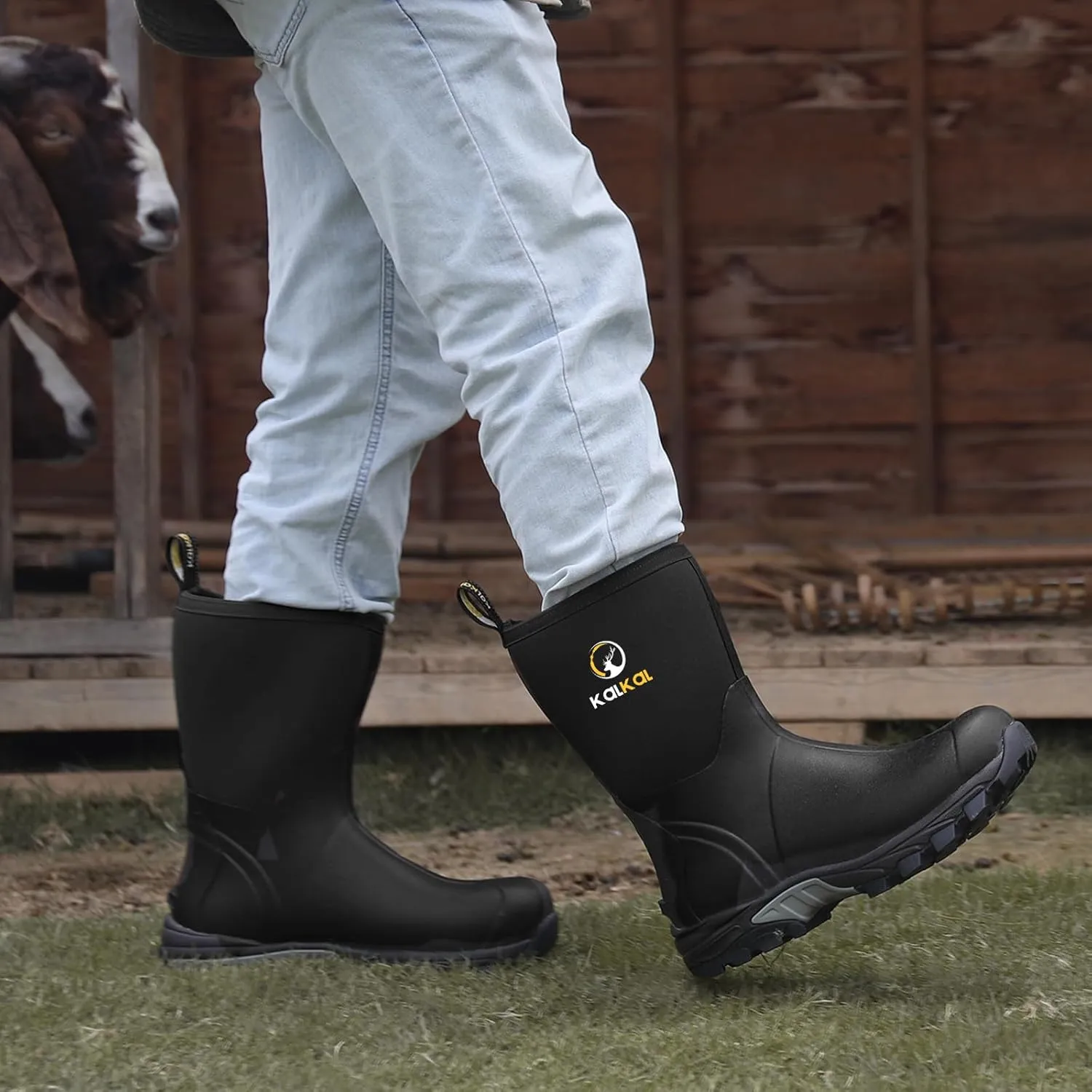 Kalkal Rubber Boots for Men, Waterproof Mid Calf Mens Rain Boots, 6mm Neoprene Insulated Mens Rubber Work Boots for Hunting Gardening Farming Fishing Mud Working, Size 7-14