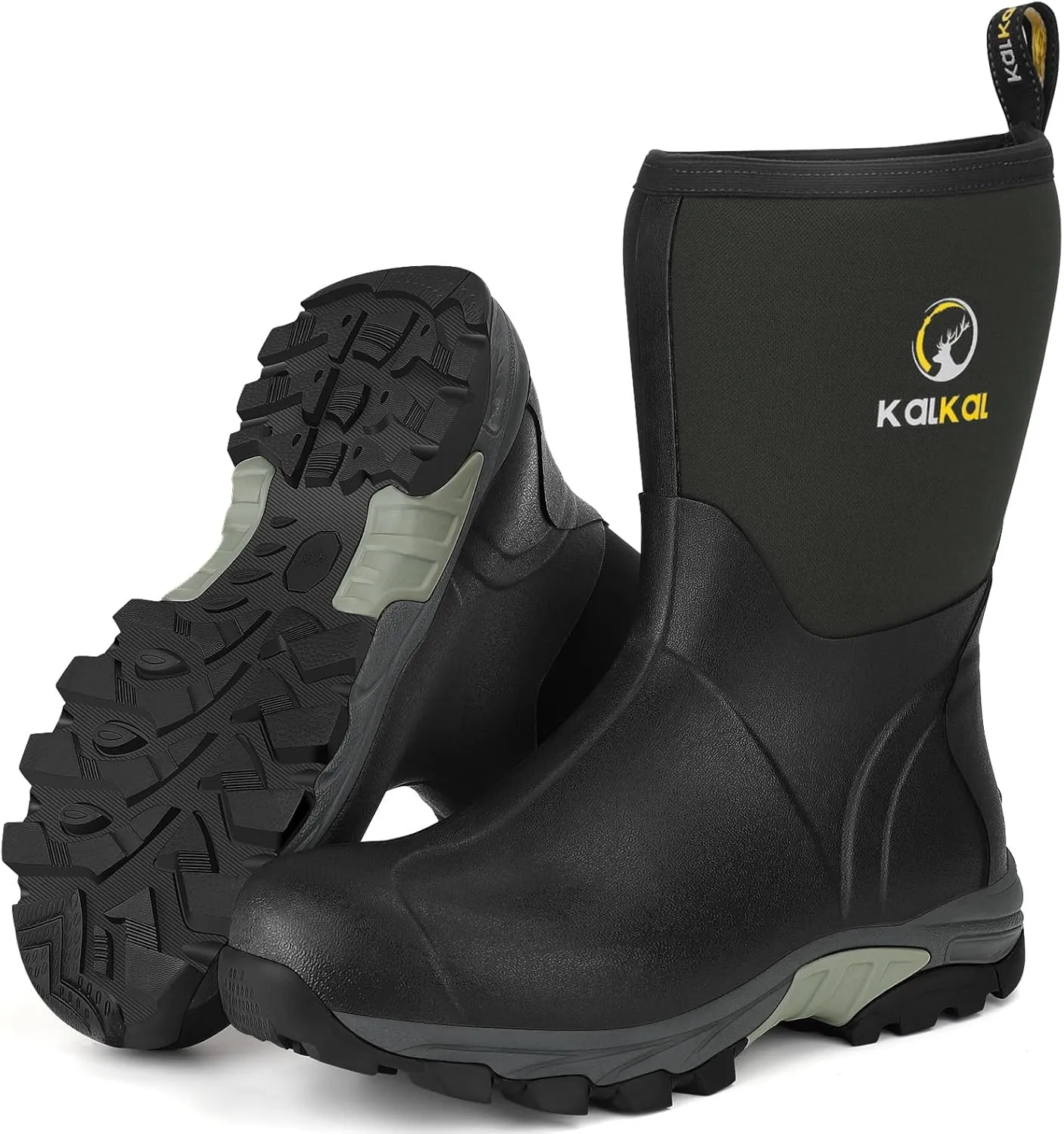 Kalkal Rubber Boots for Men, Waterproof Mid Calf Mens Rain Boots, 6mm Neoprene Insulated Mens Rubber Work Boots for Hunting Gardening Farming Fishing Mud Working, Size 7-14