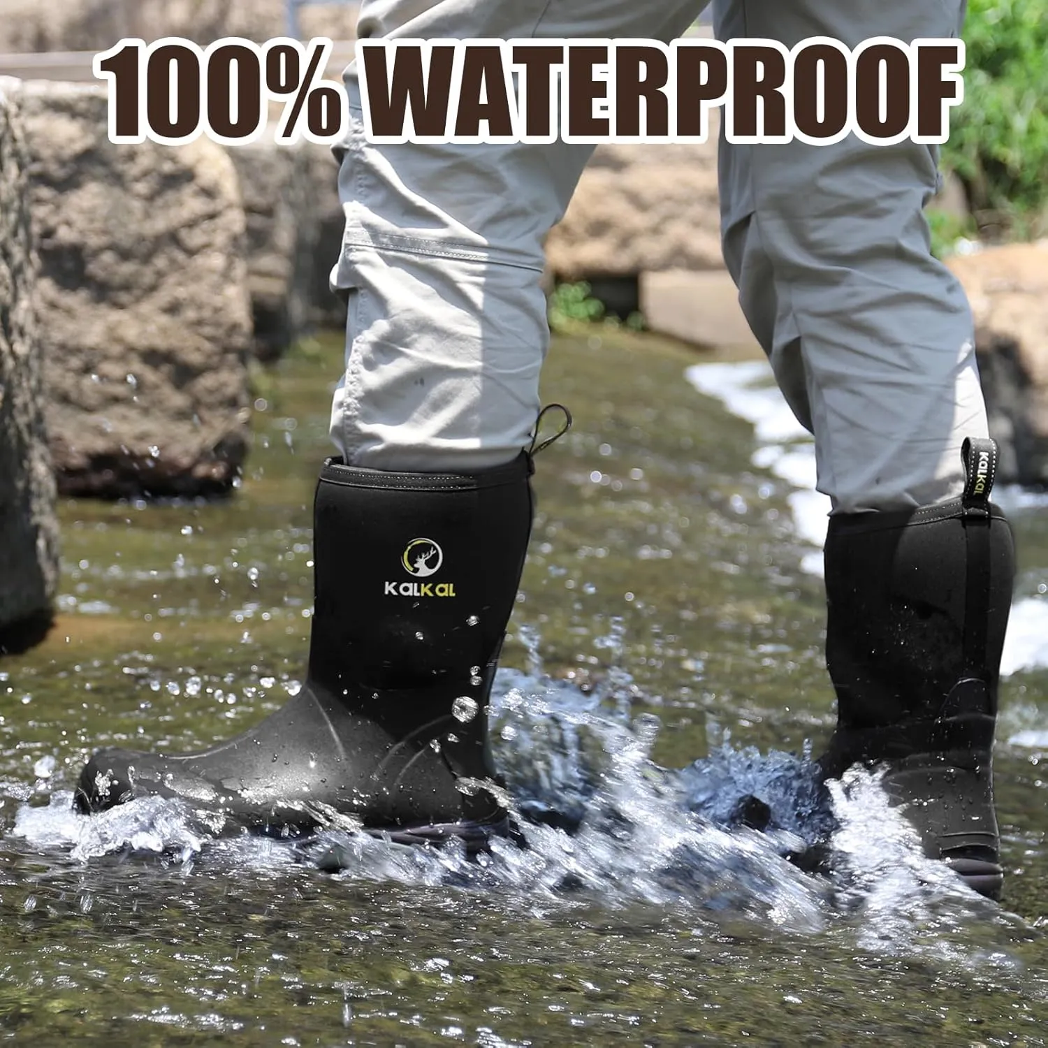 Kalkal Rubber Boots for Men, Waterproof Mid Calf Mens Rain Boots, 6mm Neoprene Insulated Mens Rubber Work Boots for Hunting Gardening Farming Fishing Mud Working, Size 7-14