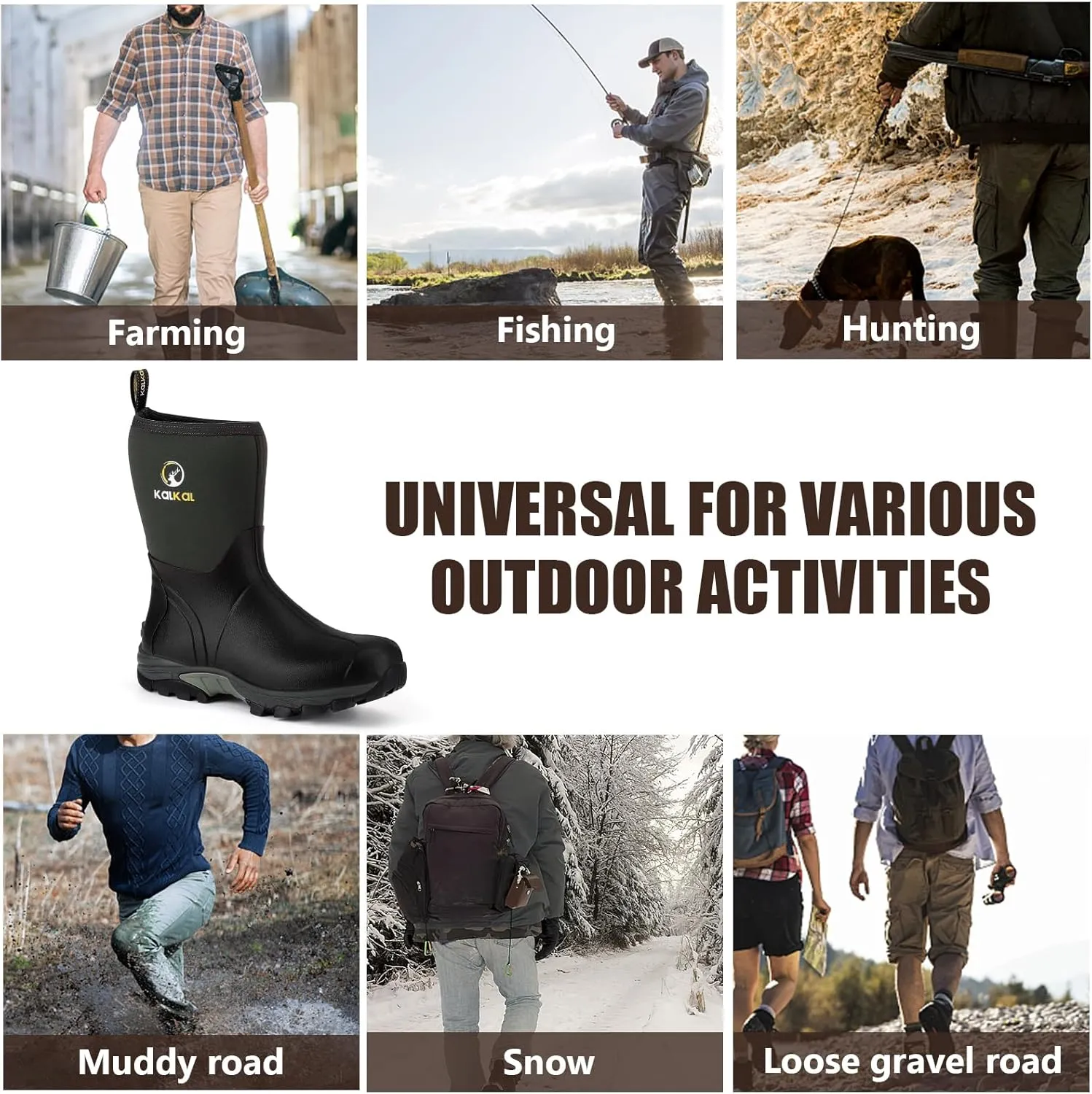 Kalkal Rubber Boots for Men, Waterproof Mid Calf Mens Rain Boots, 6mm Neoprene Insulated Mens Rubber Work Boots for Hunting Gardening Farming Fishing Mud Working, Size 7-14