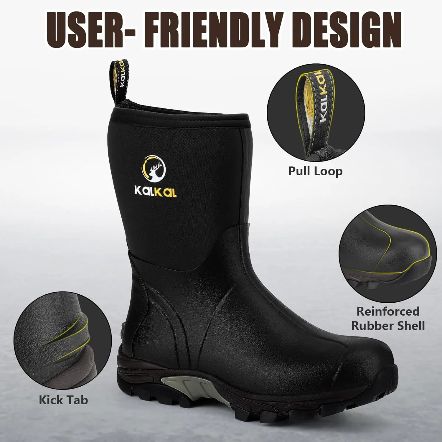 Kalkal Rubber Boots for Men, Waterproof Mid Calf Mens Rain Boots, 6mm Neoprene Insulated Mens Rubber Work Boots for Hunting Gardening Farming Fishing Mud Working, Size 7-14