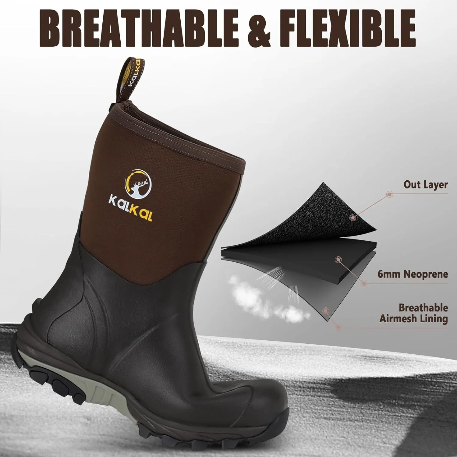 Kalkal Rubber Boots for Men, Waterproof Mid Calf Mens Rain Boots, 6mm Neoprene Insulated Mens Rubber Work Boots for Hunting Gardening Farming Fishing Mud Working, Size 7-14
