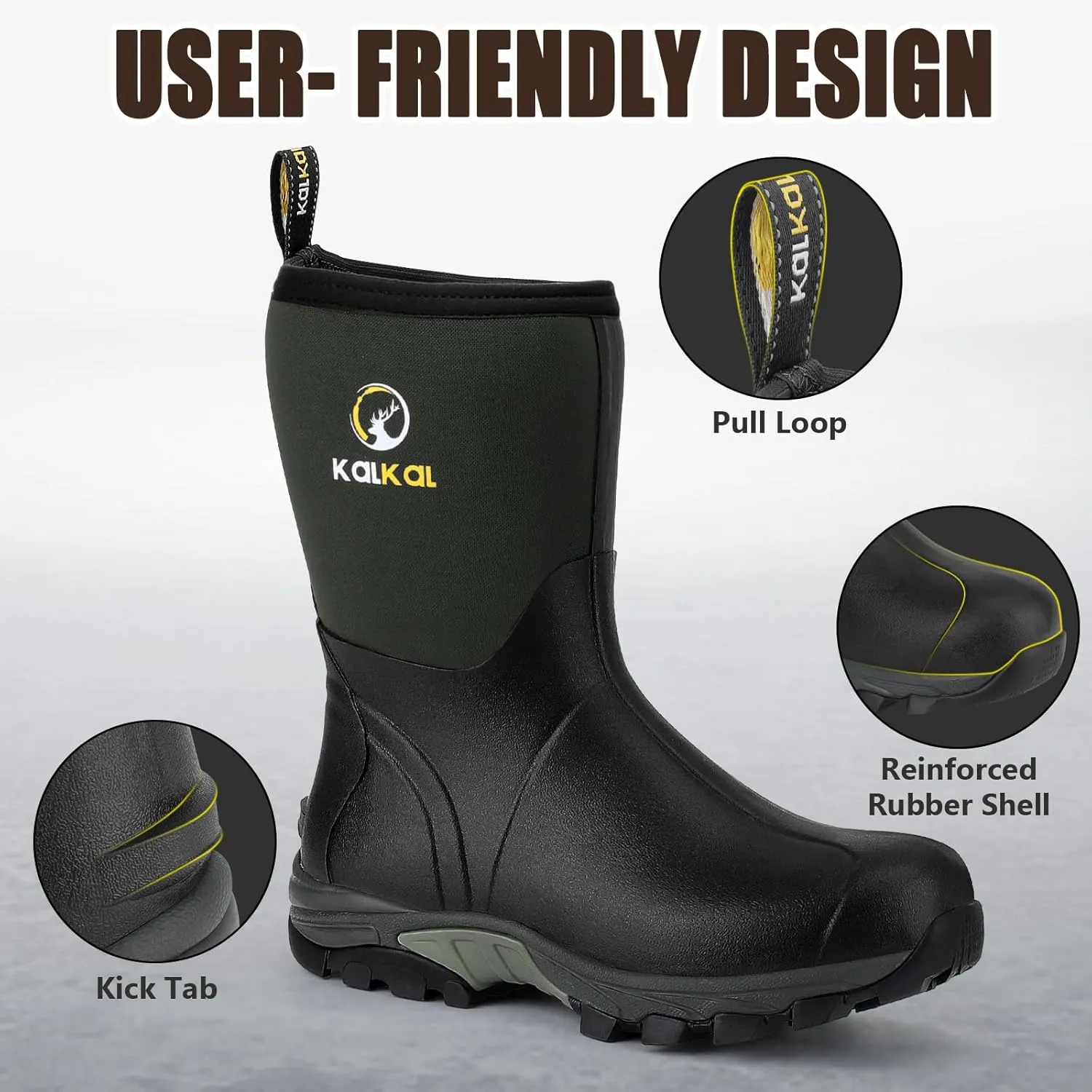 Kalkal Rubber Boots for Men, Waterproof Mid Calf Mens Rain Boots, 6mm Neoprene Insulated Mens Rubber Work Boots for Hunting Gardening Farming Fishing Mud Working, Size 7-14