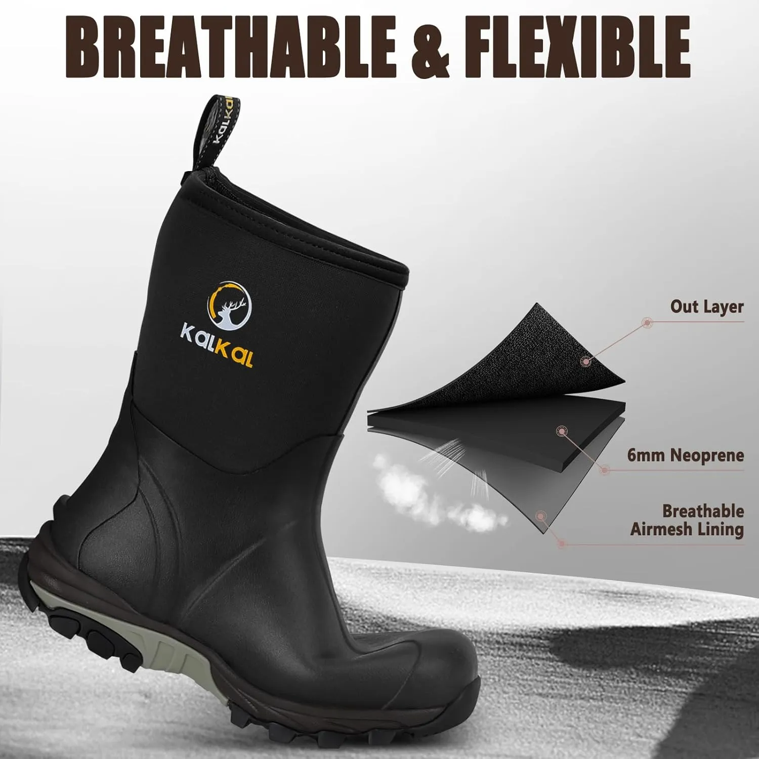 Kalkal Rubber Boots for Men, Waterproof Mid Calf Mens Rain Boots, 6mm Neoprene Insulated Mens Rubber Work Boots for Hunting Gardening Farming Fishing Mud Working, Size 7-14