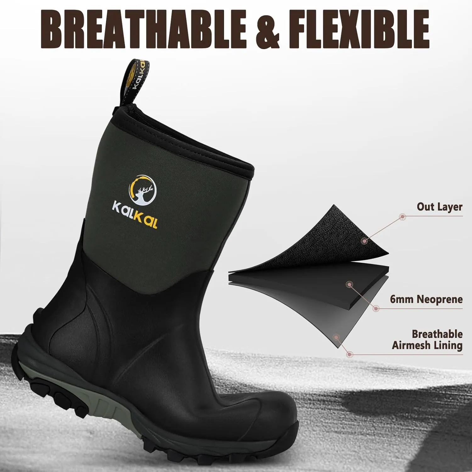 Kalkal Rubber Boots for Men, Waterproof Mid Calf Mens Rain Boots, 6mm Neoprene Insulated Mens Rubber Work Boots for Hunting Gardening Farming Fishing Mud Working, Size 7-14