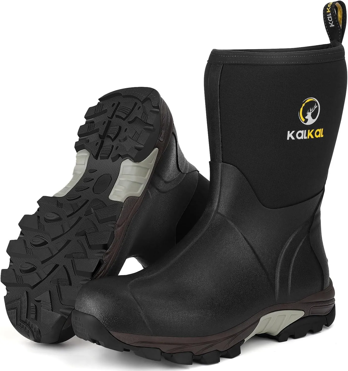 Kalkal Rubber Boots for Men, Waterproof Mid Calf Mens Rain Boots, 6mm Neoprene Insulated Mens Rubber Work Boots for Hunting Gardening Farming Fishing Mud Working, Size 7-14