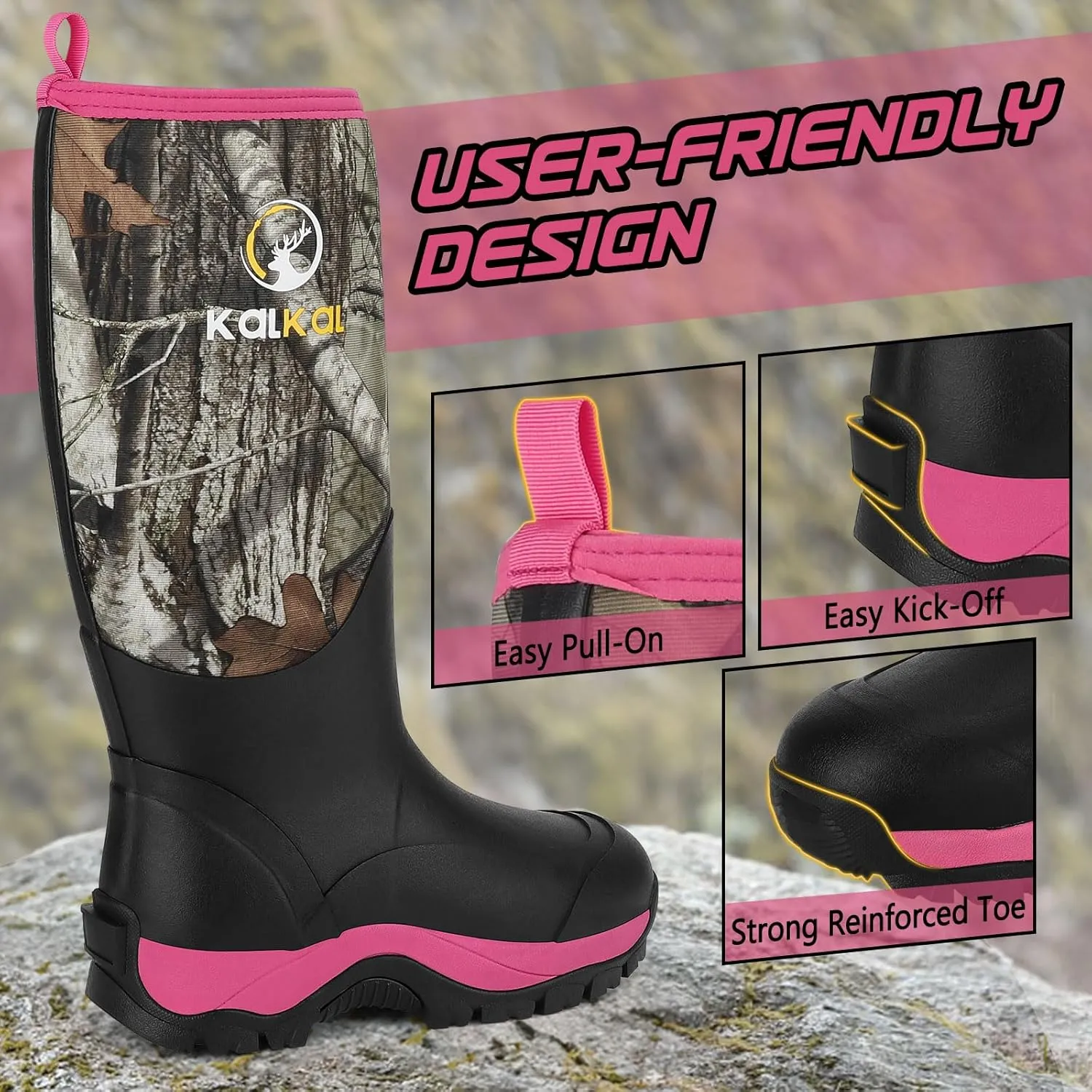 Kalkal Rubber Boots for Women, Insulated Waterproof Womens Hunting Boots, 6mm Neoprene Camo Hunting Boot Tall Rain Boots for Women Mud Working Gardening Farming