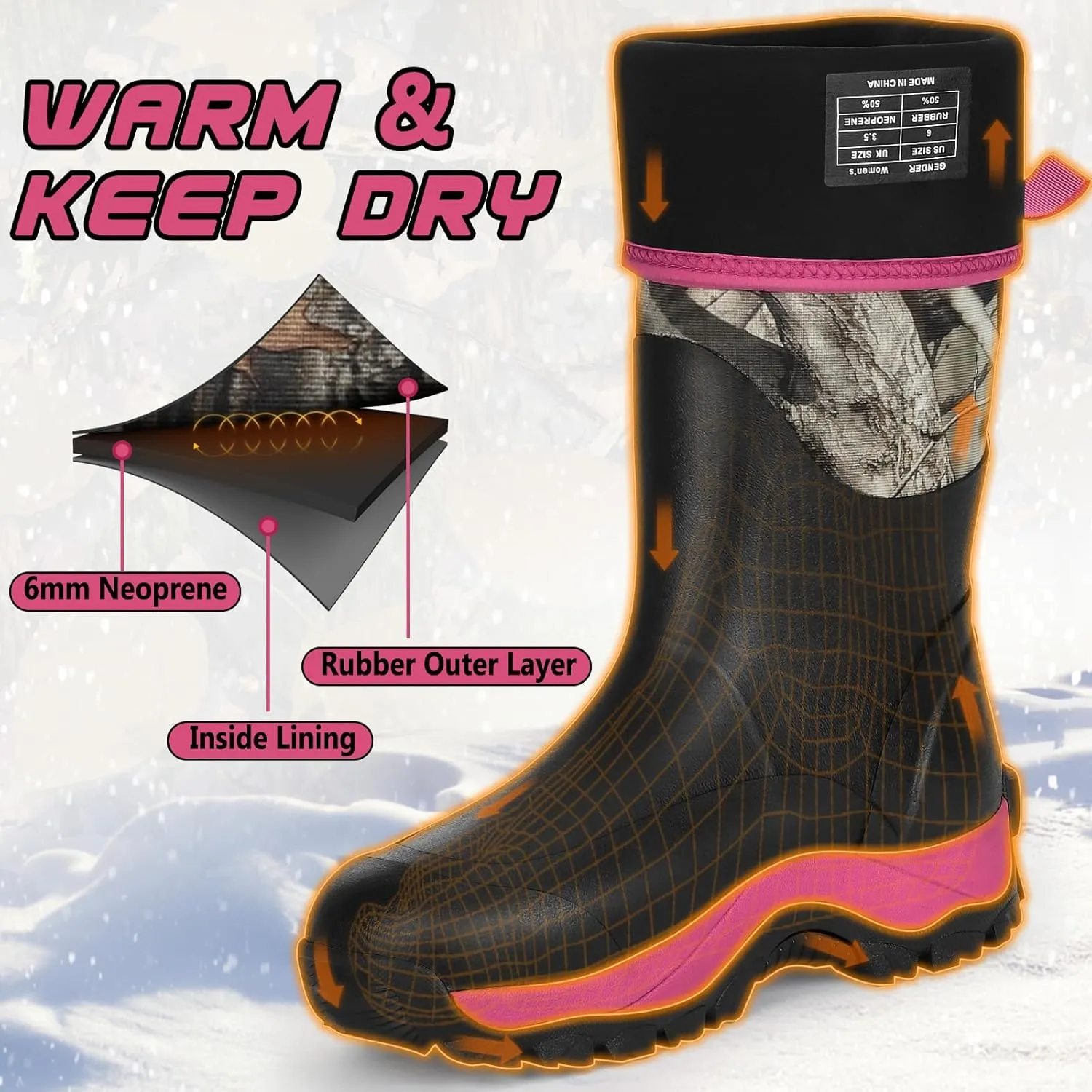 Kalkal Rubber Boots for Women, Insulated Waterproof Womens Hunting Boots, 6mm Neoprene Camo Hunting Boot Tall Rain Boots for Women Mud Working Gardening Farming
