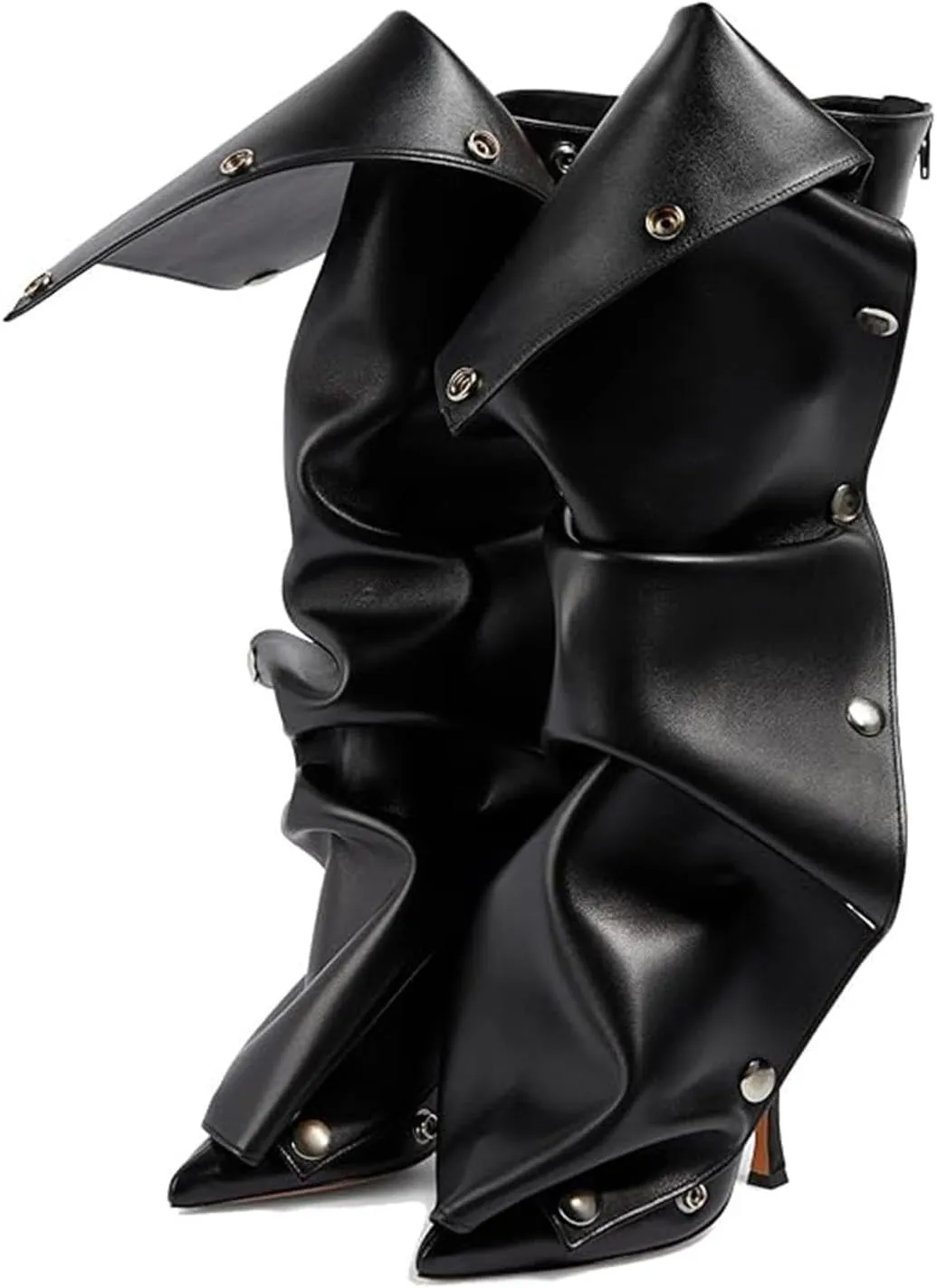 KaroNairy Brown Slouchy Knee High Boots for Women Denim Pointed Toe Stiletto High Heel Boots Detachable Snap-off Panel Fall Shark Boots