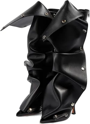KaroNairy Brown Slouchy Knee High Boots for Women Denim Pointed Toe Stiletto High Heel Boots Detachable Snap-off Panel Fall Shark Boots