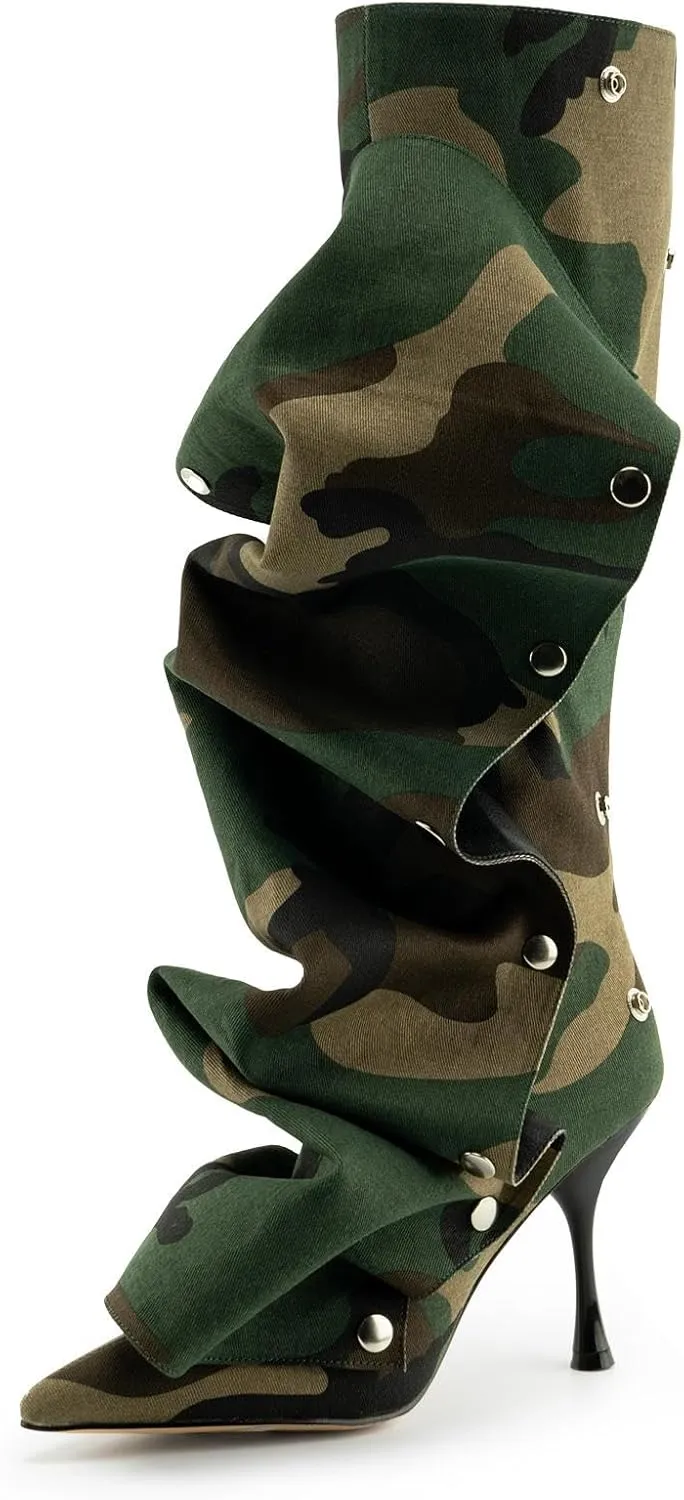 KaroNairy Women Stiletto Knee High Boots Slouch Pointed Toe High Heel Boot Detachable Snap-off Panel Shark Boots